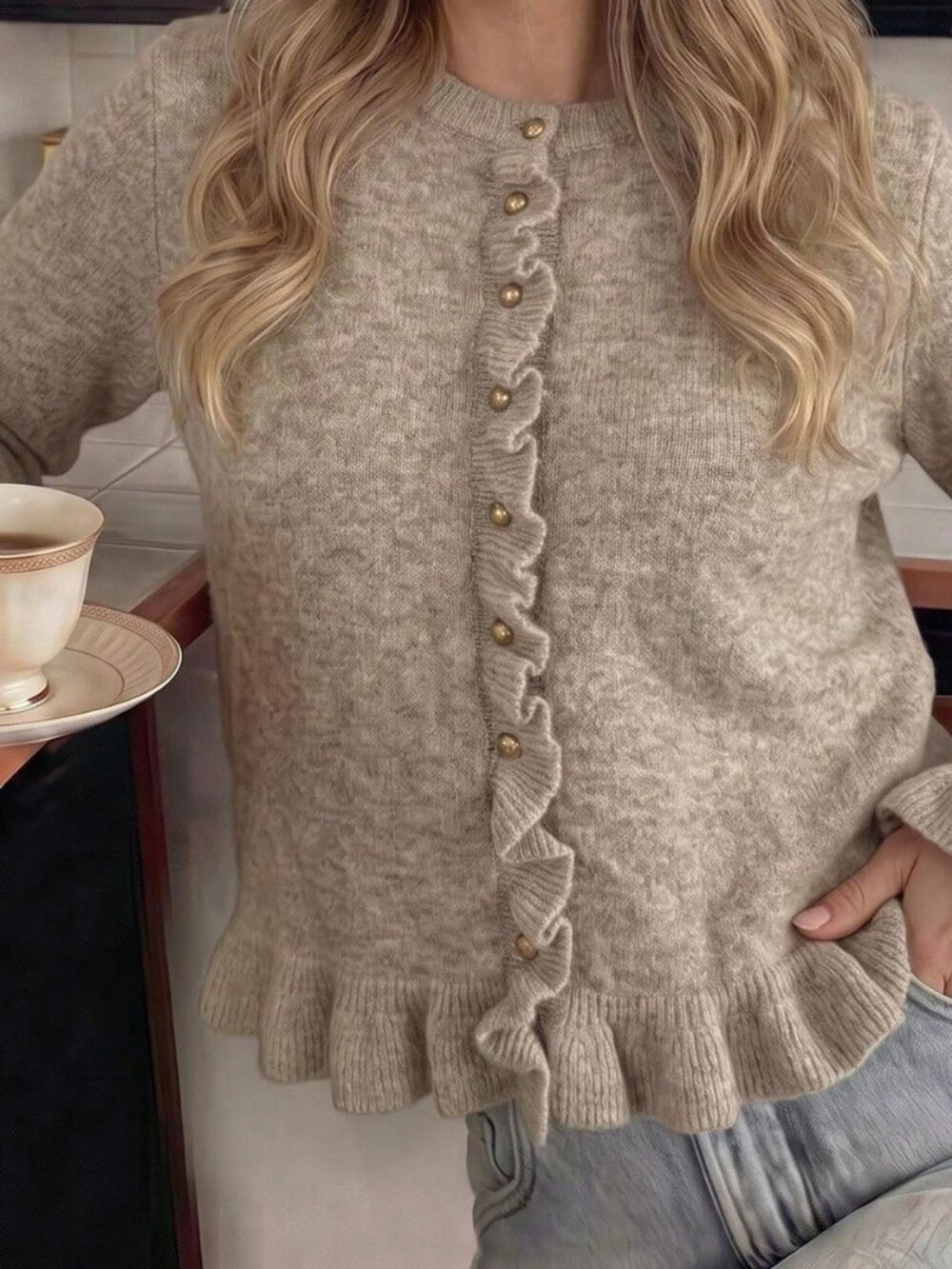 Khaki Casual Women's Ruffle Trim Knit Cardigan